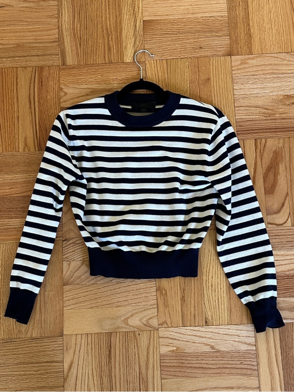 Zara Navy and White Striped Crewneck Sweater